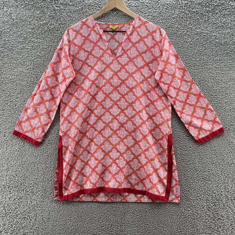 Roberta Roller Rabbit Shirt Womens Medium Orange Boho Block Print India Ethnic